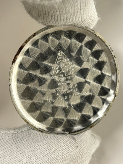 Omega Ref. 121.001 gold plated men’s vintage 1963 dress timekeeper caseback view with hallmark details