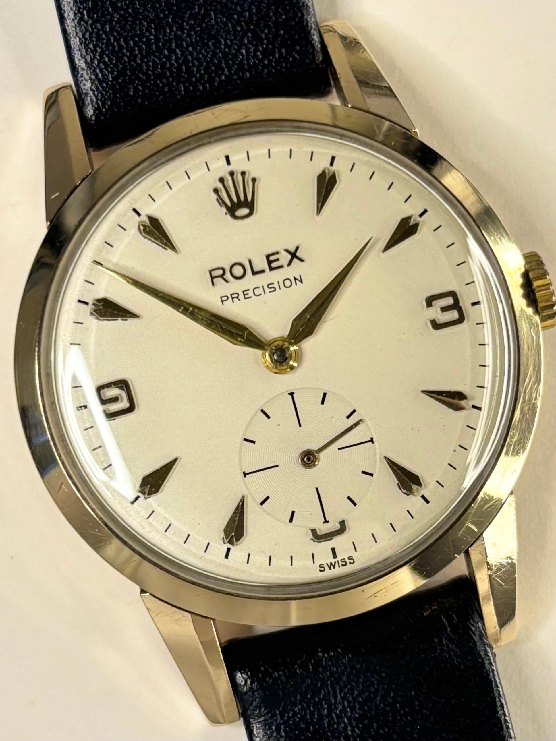 1954 Rolex Precision vintage men’s watch with 9ct gold case, 16mm lugs, manual wind, original papers