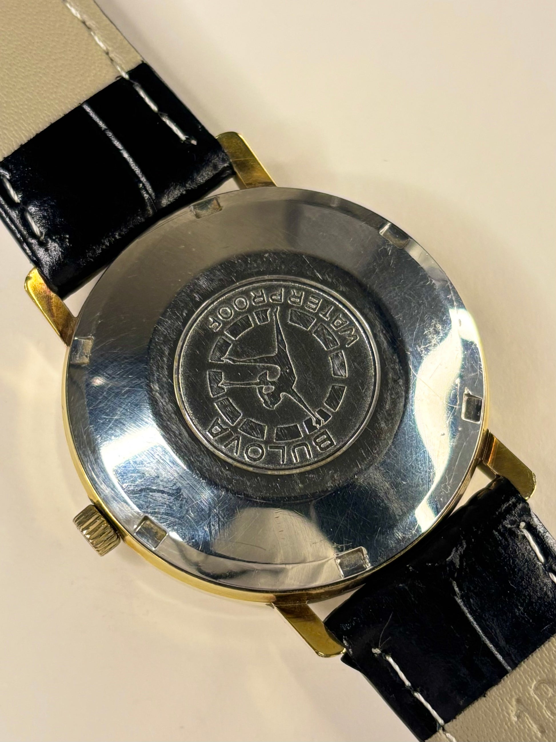 Detailed shot of the Bulova 1960s timepiece caseback 