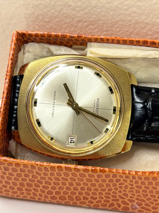 1971 Ingersoll dress timepiece — 34mm gold-plated case, manual wind, white sunburst dial, original box included