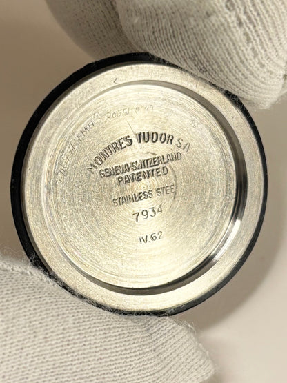 Tudor Oyster Ref. 7934 stainless steel men’s vintage 1963 timekeeper caseback view with hallmark details