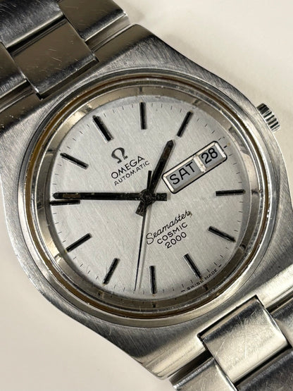 Vintage Omega Seamaster Cosmic 2000 Ref. 166.136 stainless steel men’s timekeeper showcasing bold 1970s Swiss design