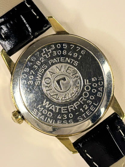 Roamer Ref. 1972 gold plated 1972 men’s vintage dress timekeeper caseback view with hallmark details