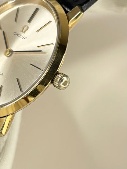 Side profile of Omega De Ville 1968 vintage men’s dress timekeeper manual wind, signed omega crown 