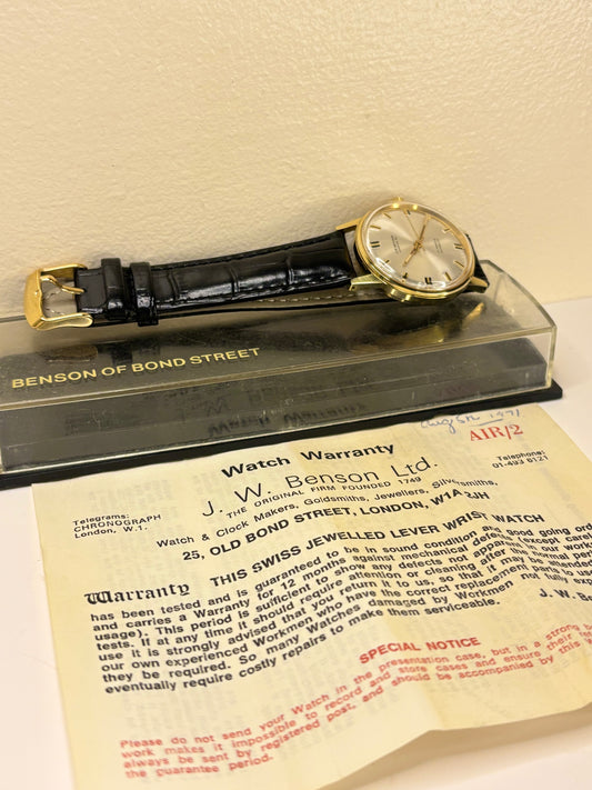 J W Benson Vintage 1960’s *BOX & PAPERS* Men’s Manual Gold Dress Watch - 338