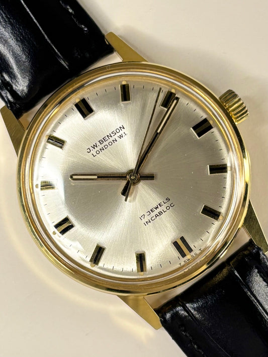 J W Benson Vintage 1960’s *BOX & PAPERS* Men’s Manual Gold Dress Watch - 338
