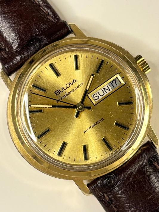 Bulova Ambassador Vintage 1970’s Men’s Automatic Day Date Gold Dress Watch - 11 AOACB