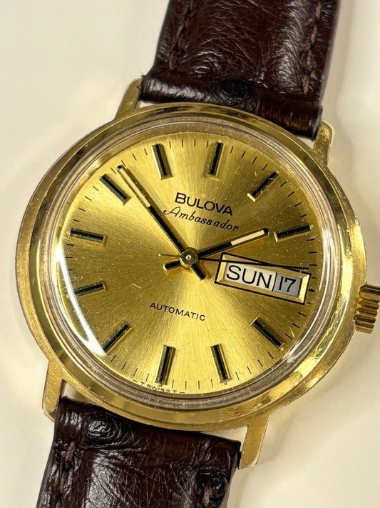 Bulova Ambassador Vintage 1970’s Men’s Automatic Day Date Gold Dress Watch - 11 AOACB