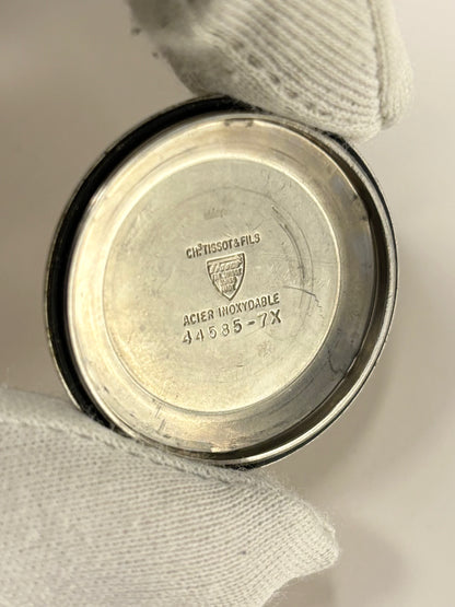 Tissot Ref. 44585-7X stainless steel 1971 men’s vintage dress timekeeper caseback view with hallmark details