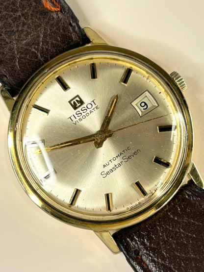 Tissot Visodate 1972 men’s dress timekeeper with gold plated case, white sunburst dial and automatic movement