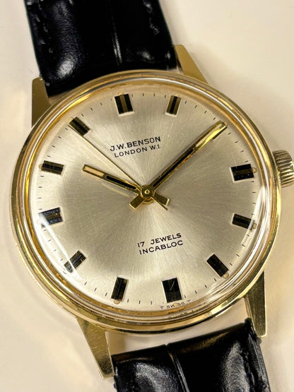 Close up of J.W. Benson 1967 men’s watch white sunburst dial manual wind