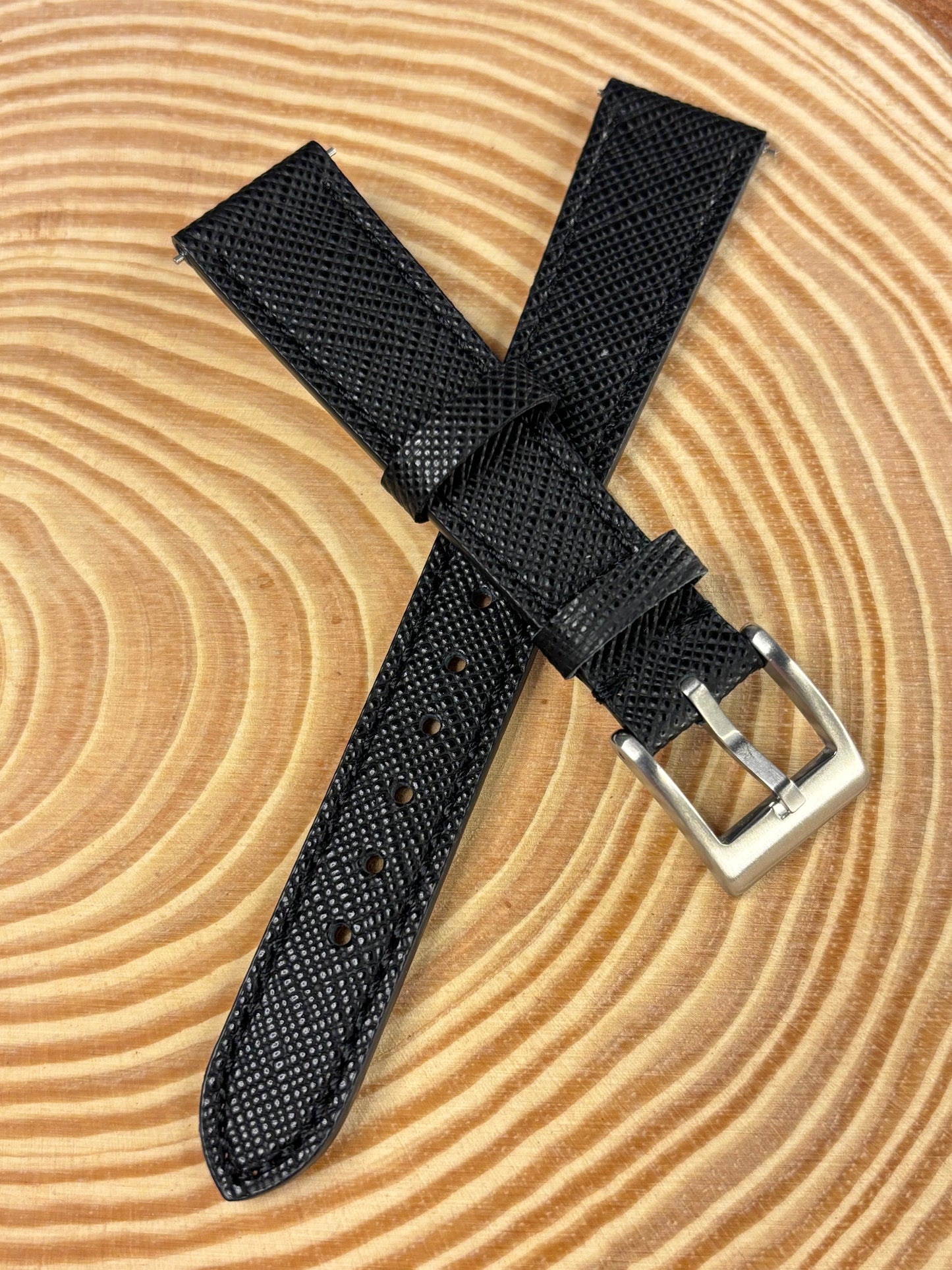 Luxury handmade premium black Saffiano leather watch strap crafted from high quality calfskin