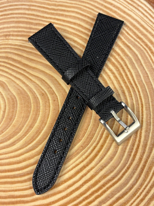 Luxury handmade premium black Saffiano leather watch strap crafted from high quality calfskin