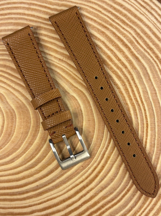 Premium luxury handmade brown Saffiano leather watch strap with refined textured finish