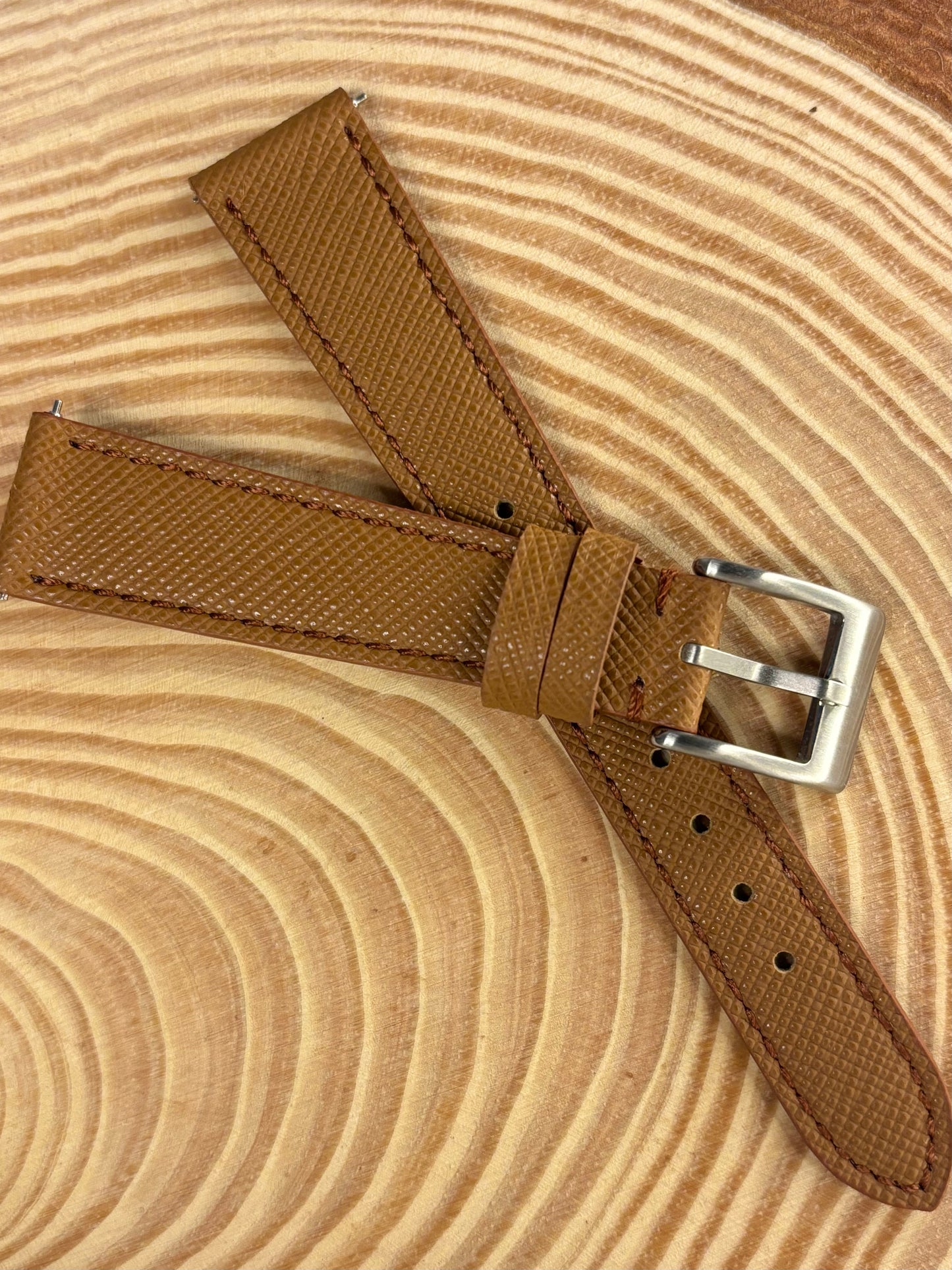 Luxury handmade premium brown Saffiano leather watch strap crafted from high quality calfskin