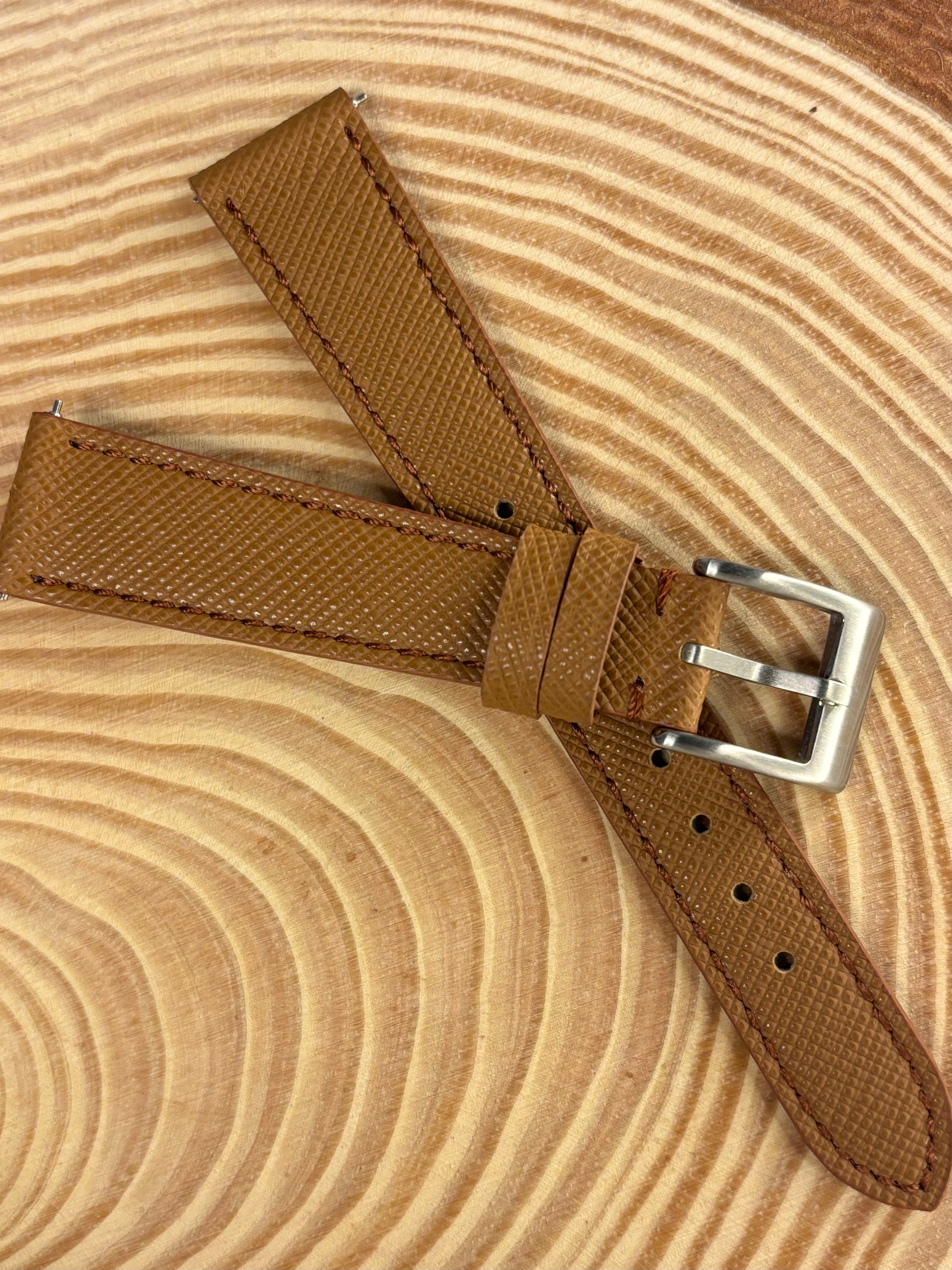 Luxury handmade premium brown Saffiano leather watch strap crafted from high quality calfskin
