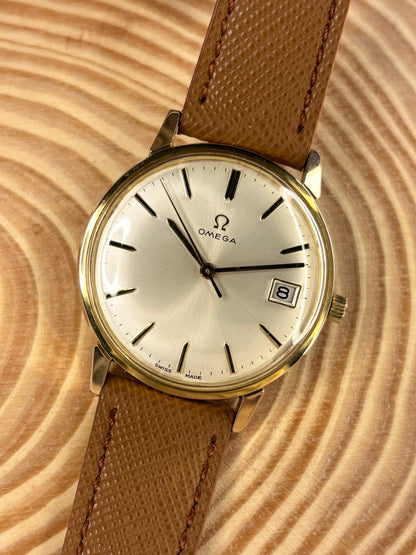 Handmade premium luxury Saffiano leather watch strap in brown with elegant clean design seen fitted to a vintage omega dress watch