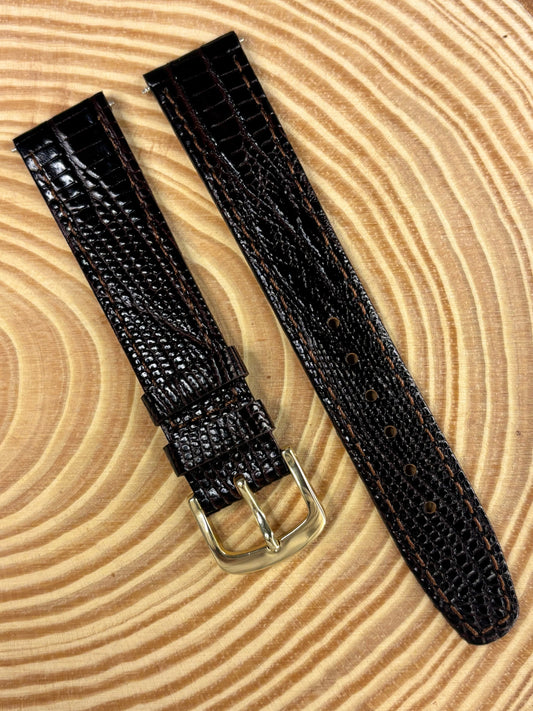 Premium luxury handmade brown Teju lizard grain leather watch strap with intricate natural texture