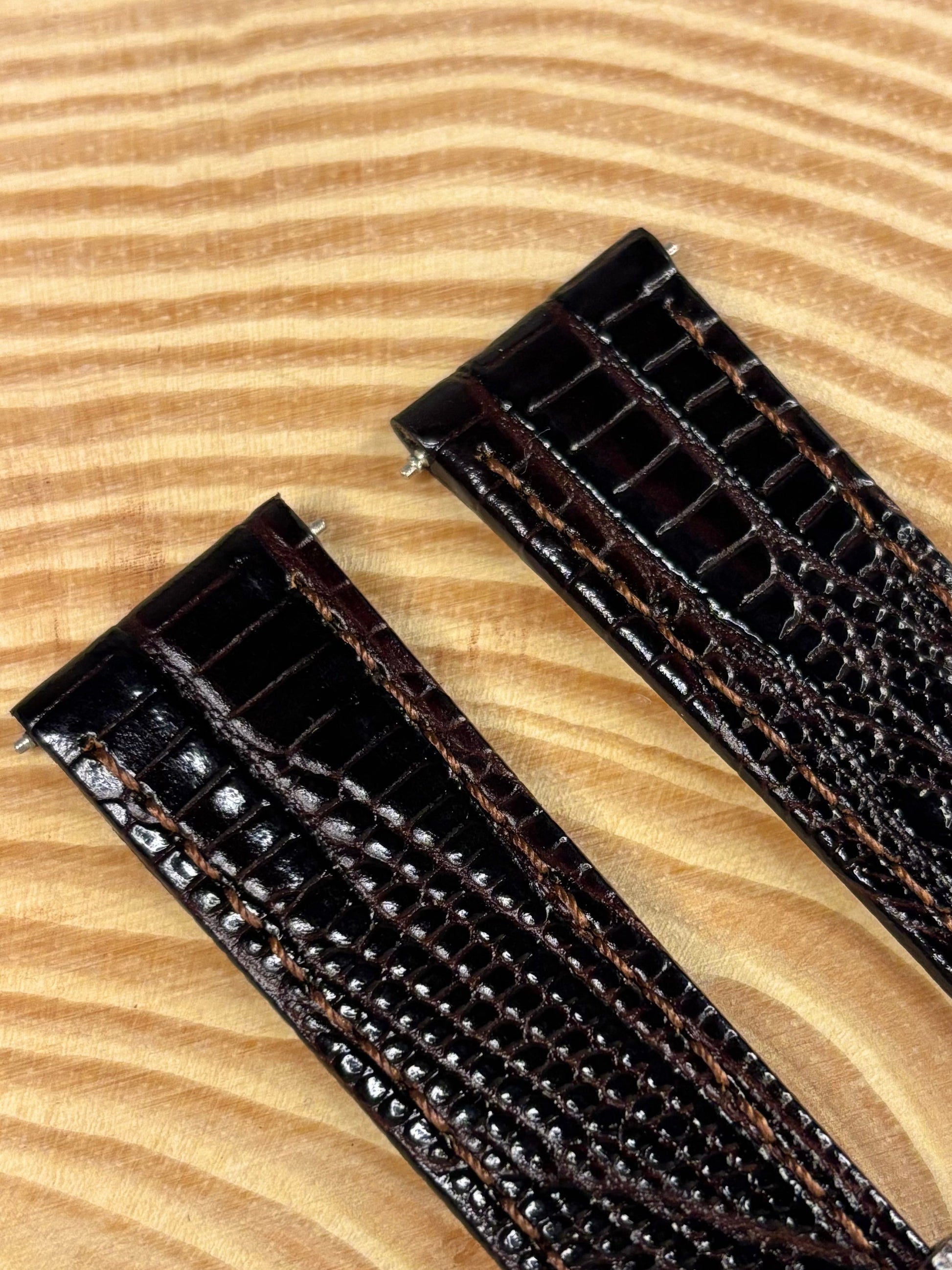 Premium handmade luxury brown Teju lizard grain leather watch strap showing mesmerising scaled detail