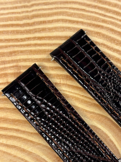 Premium handmade luxury brown Teju lizard grain leather watch strap showing mesmerising scaled detail