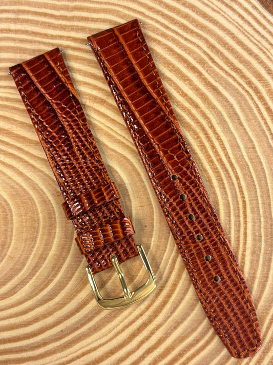 Premium luxury handmade light brown Teju lizard grain leather watch strap with intricate natural texture