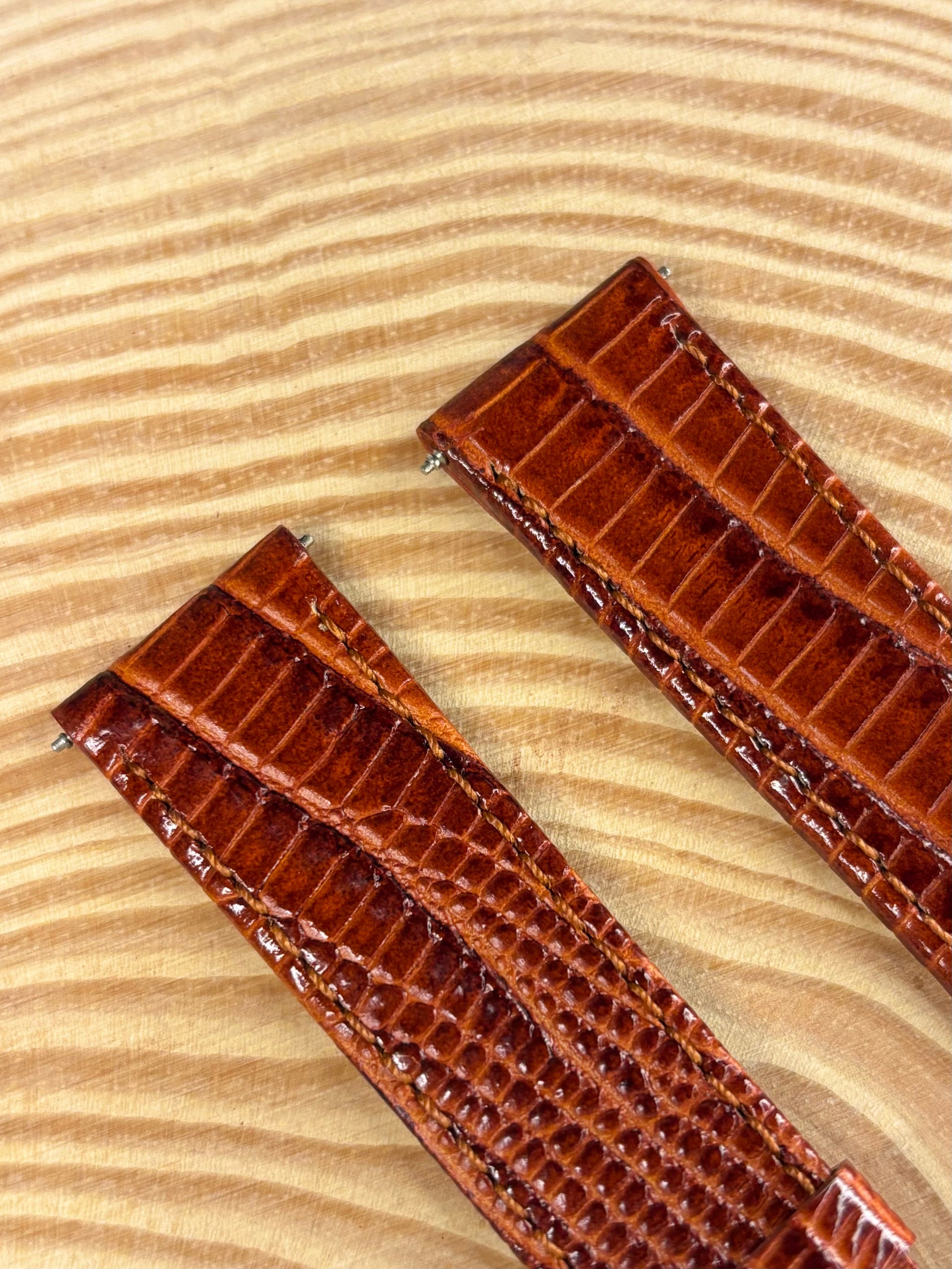 Premium handmade luxury light brown Teju lizard grain leather watch strap showing mesmerising scaled detail