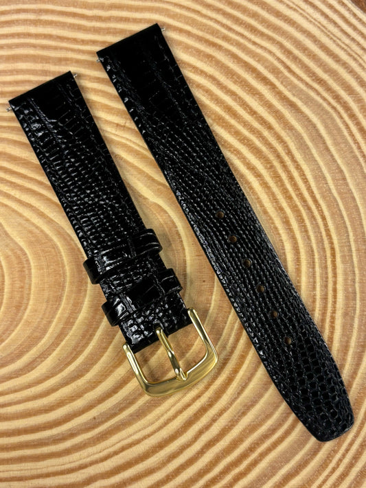 Premium luxury handmade black Teju lizard grain leather watch strap with intricate natural texture
