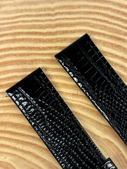 Premium handmade luxury black Teju lizard grain leather watch strap showing mesmerising scaled detail