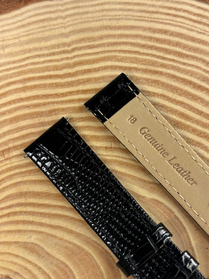 Luxury premium handmade black Teju lizard leather strap crafted for traditional timepieces