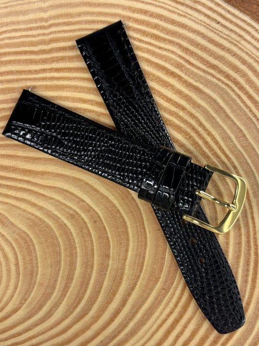 Luxury handmade premium black Teju lizard grain leather watch strap ideal for vintage watches