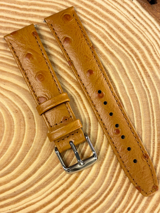 Premium luxury handmade light brown ostrich grain leather watch strap with distinctive quill texture