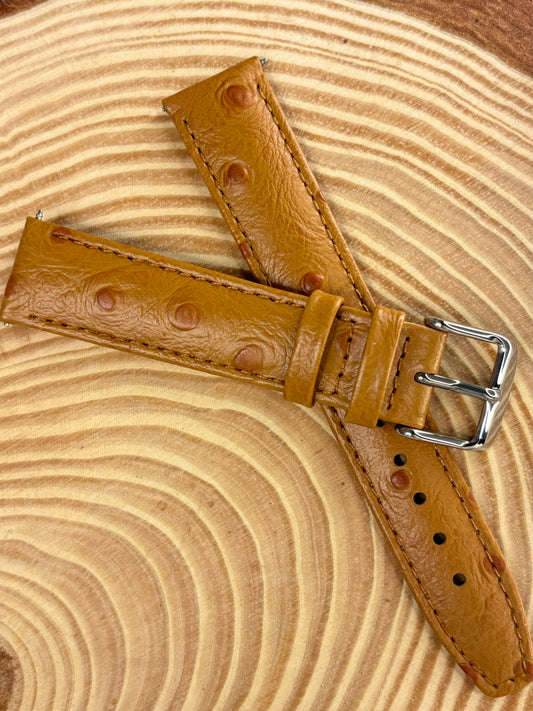 Luxury handmade premium ostrich grain leather watch strap in light brown with colour matched stitching