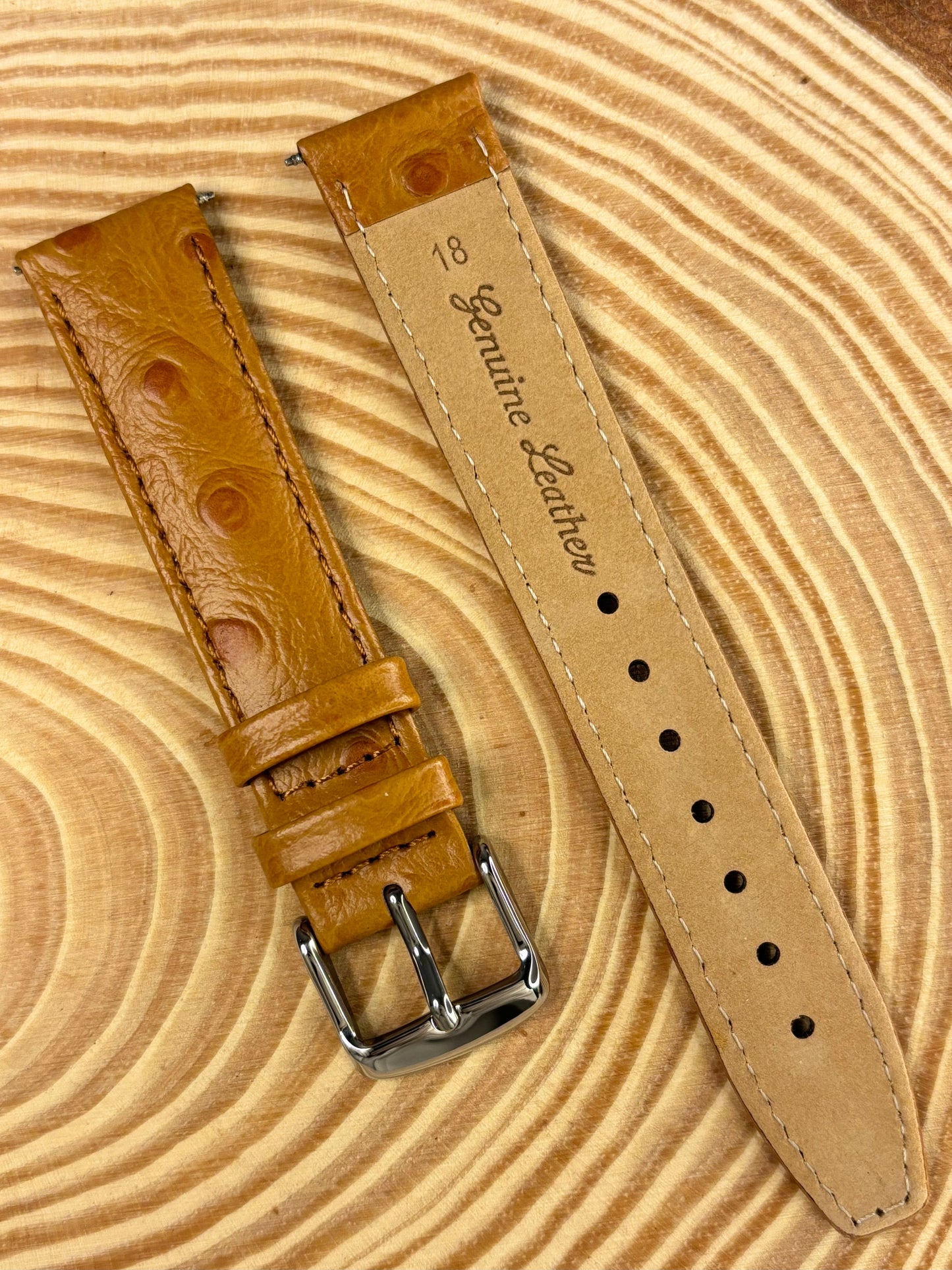 Luxury premium handmade ostrich leather watch strap with stainless steel buckle and nubuck lining