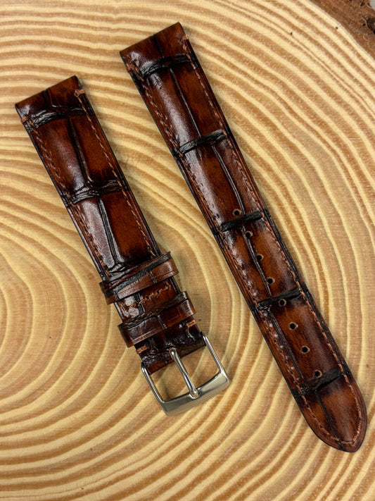 Premium luxury handmade brown Italian alligator grain leather watch strap with rich textured finish