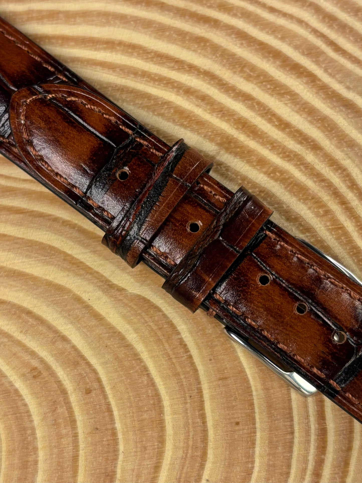 Premium luxury handmade brown Italian alligator grain leather watch strap with stainless steel buckle