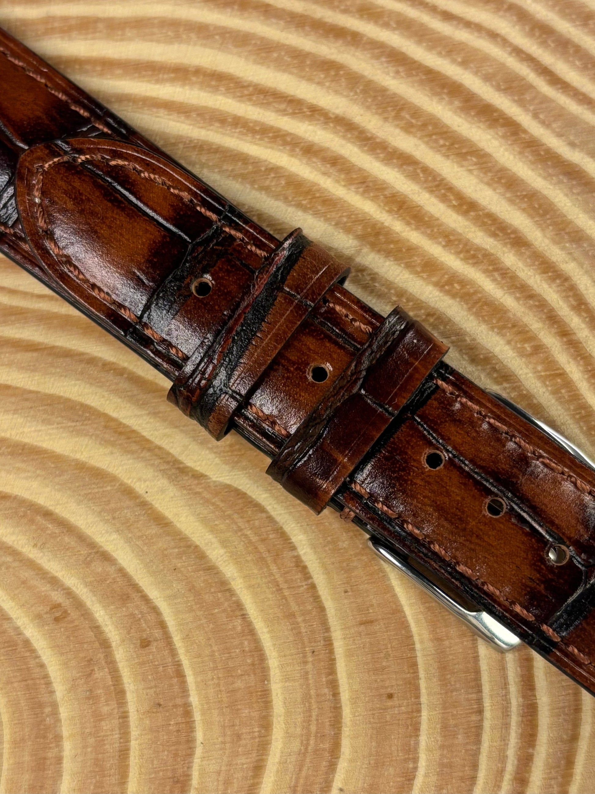 Premium luxury handmade brown Italian alligator grain leather watch strap with stainless steel buckle