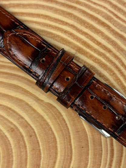 Premium luxury handmade brown Italian alligator grain leather watch strap with stainless steel buckle
