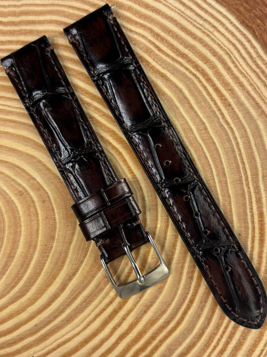 Premium luxury handmade black Italian alligator grain leather watch strap with elegant textured finish