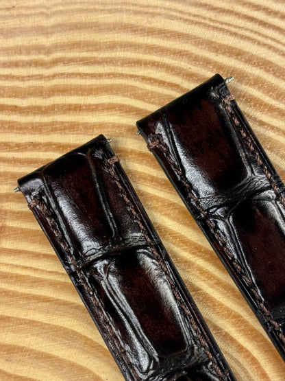 Premium handmade luxury black Italian alligator grain leather watch strap showing distinctive pattern