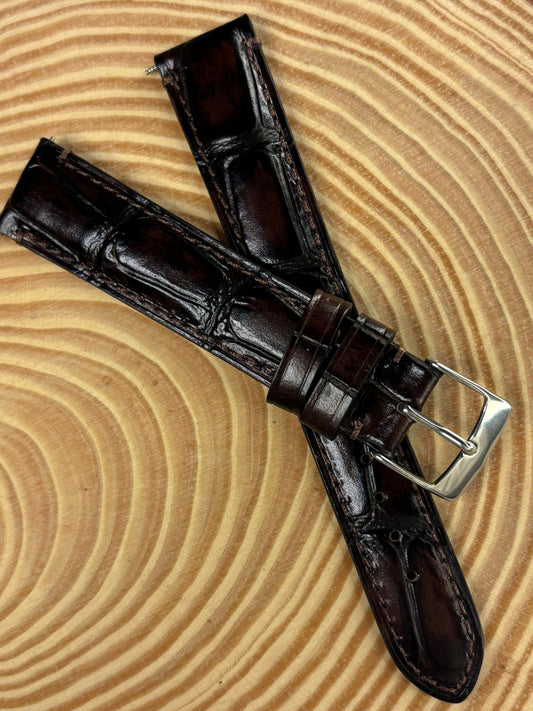 Luxury handmade premium Italian alligator grain leather watch strap in black for high end watches