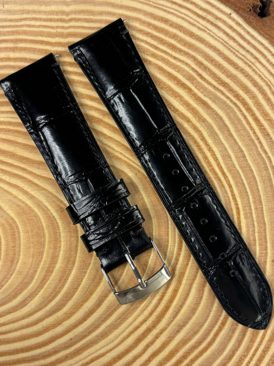 Premium luxury handmade black Italian alligator grain leather watch strap with bold structured texture