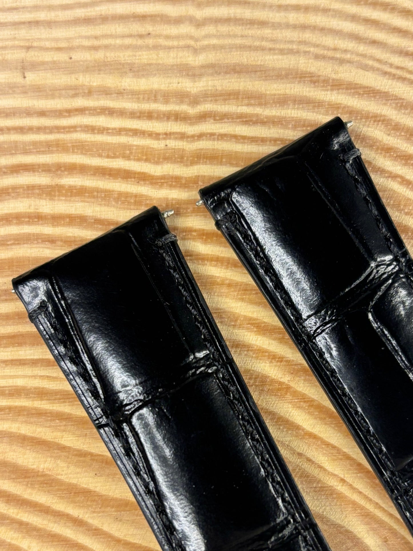 Premium handmade luxury Italian alligator grain leather watch strap in black with refined finish