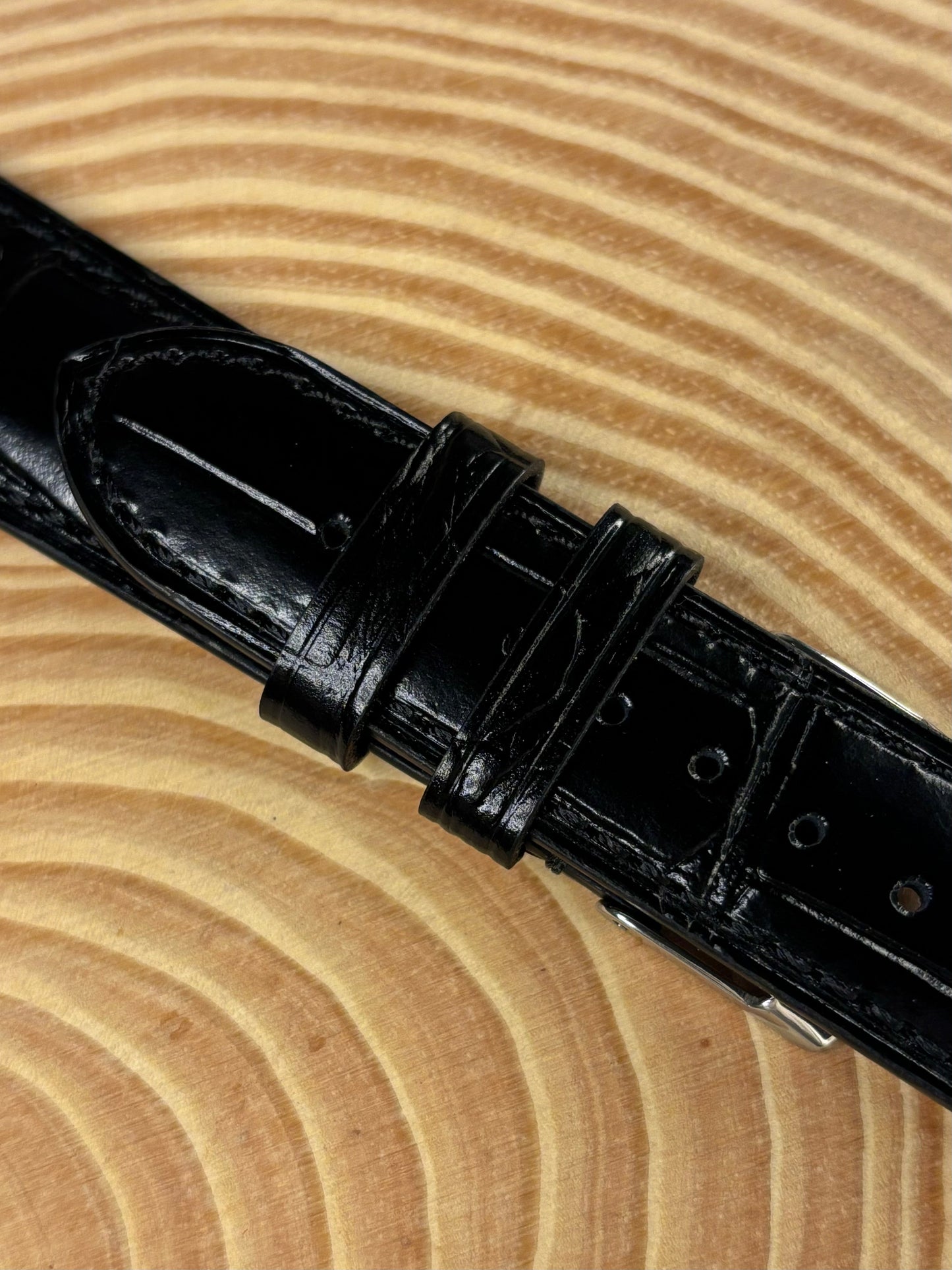 Premium luxury handmade Italian alligator grain leather watch strap in black with steel buckle