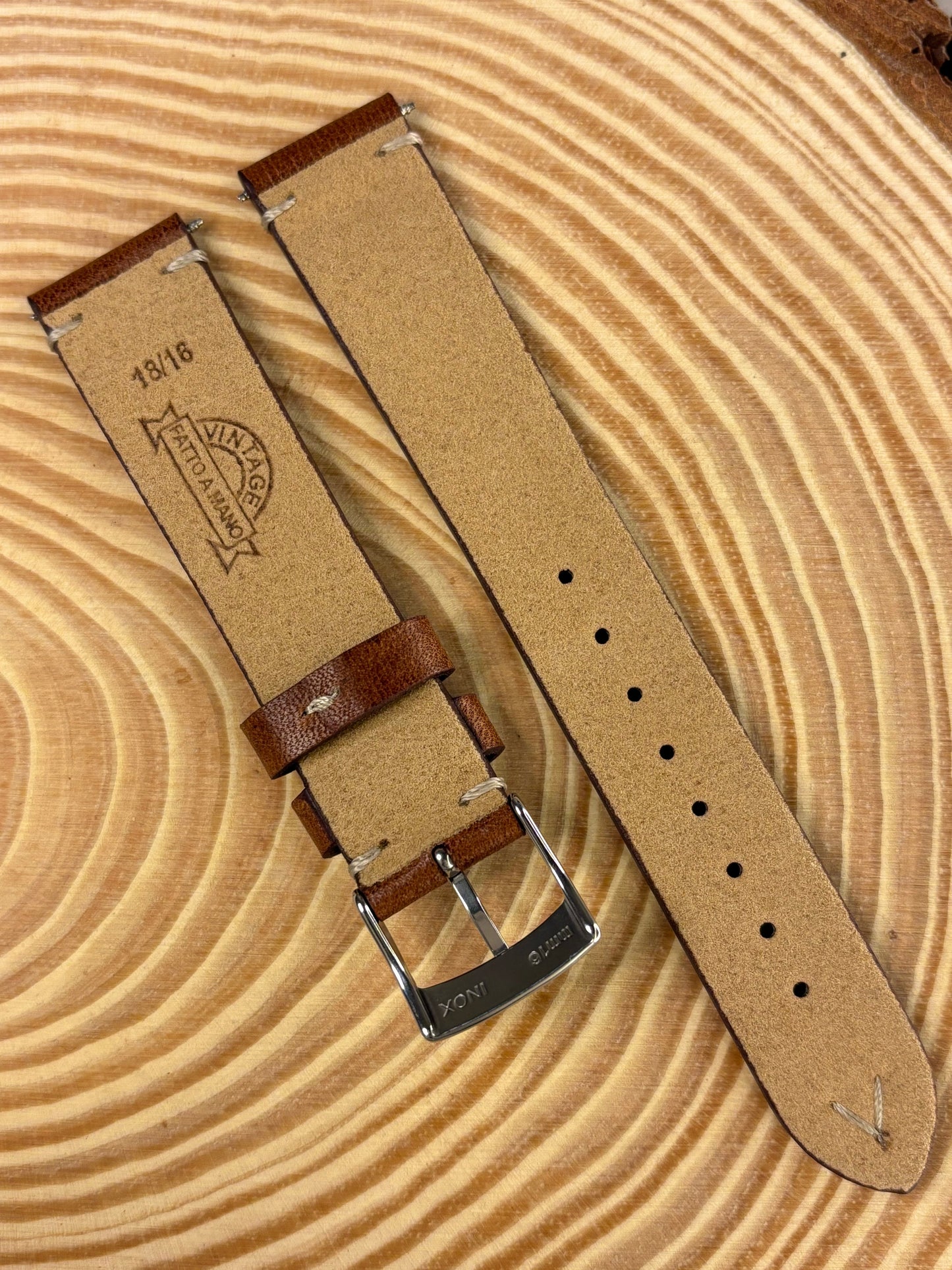 Premium luxury handmade light brown Italian calf leather watch strap with stainless steel buckle