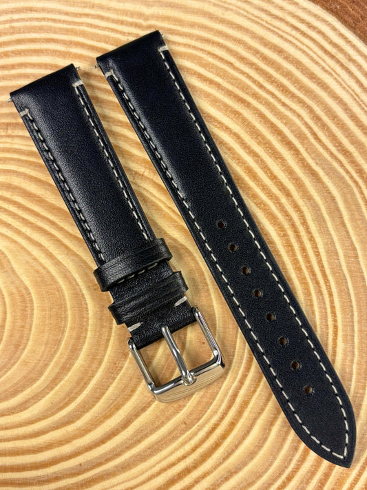 Premium luxury handmade black Italian calf leather watch strap with contrasting stitch detail