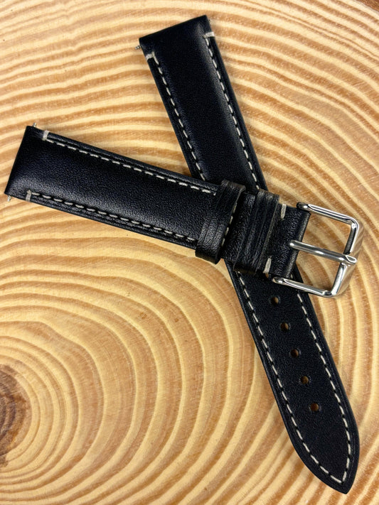Luxury handmade premium black Italian calf leather watch strap with soft nubuck lining