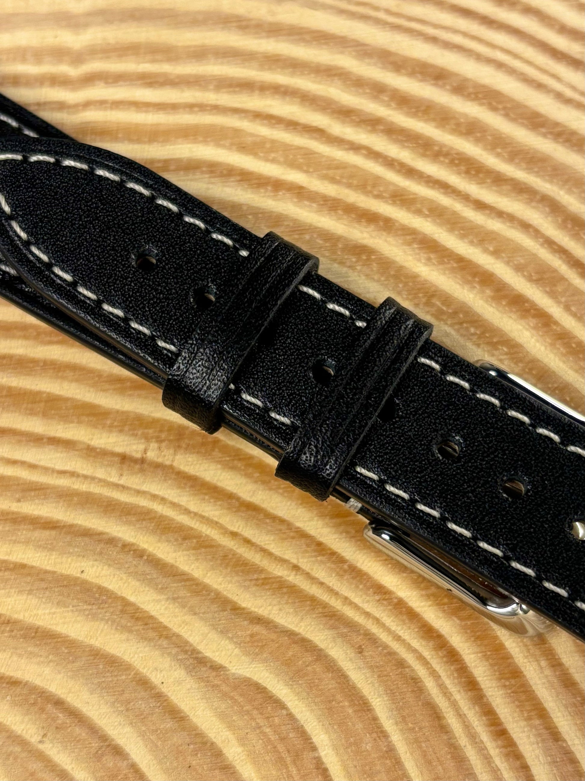 Luxury premium handmade Italian calf leather strap in black with refined stitched finish