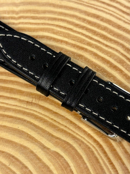 Luxury premium handmade Italian calf leather strap in black with refined stitched finish