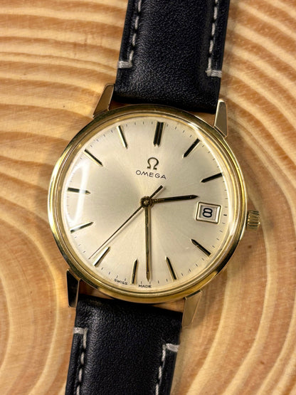 Luxury premium handmade black Italian calf leather strap designed for elegant timepieces, fitted to a vintage omega dress watch