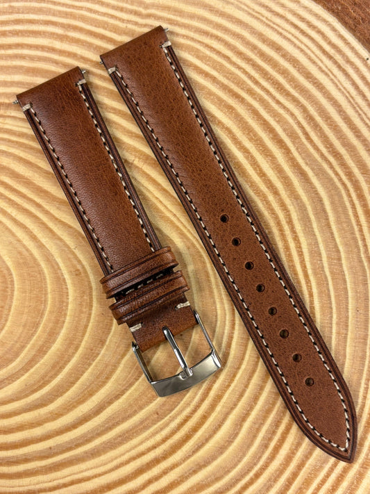 Premium luxury handmade brown Italian calf leather watch strap with elegant contrasting stitch